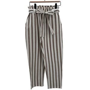 Women's Striped‎ Paperbag Waist Blend Pants Medium Neutral Minimalist